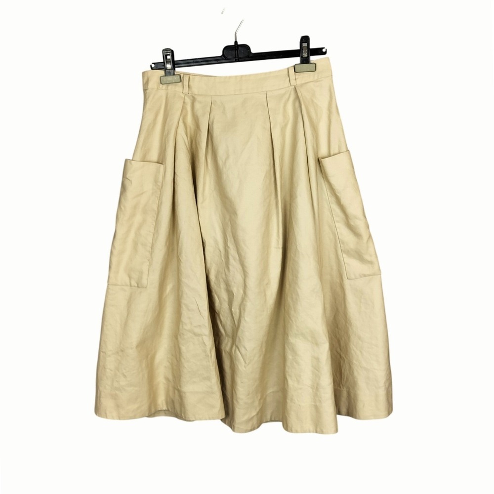 Kate Spade Flowy Midi Skirt Cotton Linen‎ Blend with Pockets Pleated Beige Tan